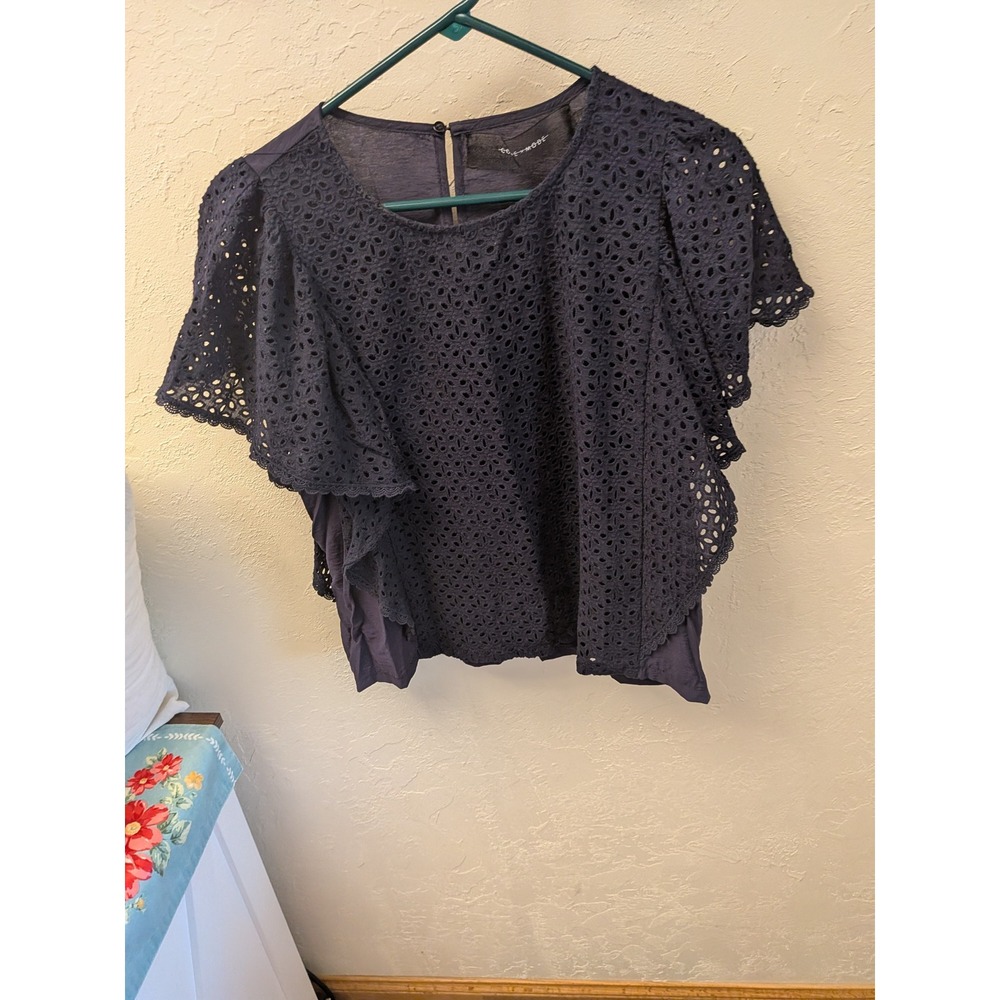 A.L.C. Intermix Ex-Mode Navy Blue Eyelet Lace Flutter Sleeve Blouse Small